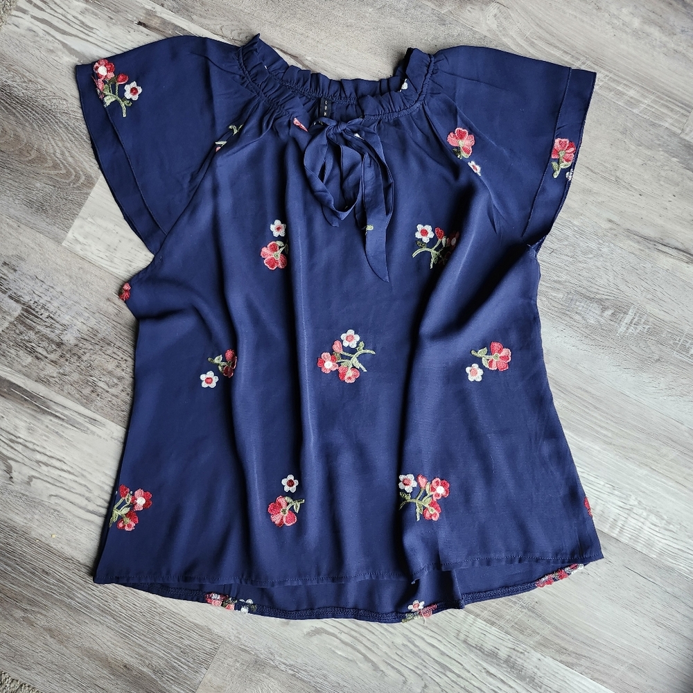 Luna Rae XL Navy Embroidered Floral Ruffle Blouse Feminine Boho Top/ Summer